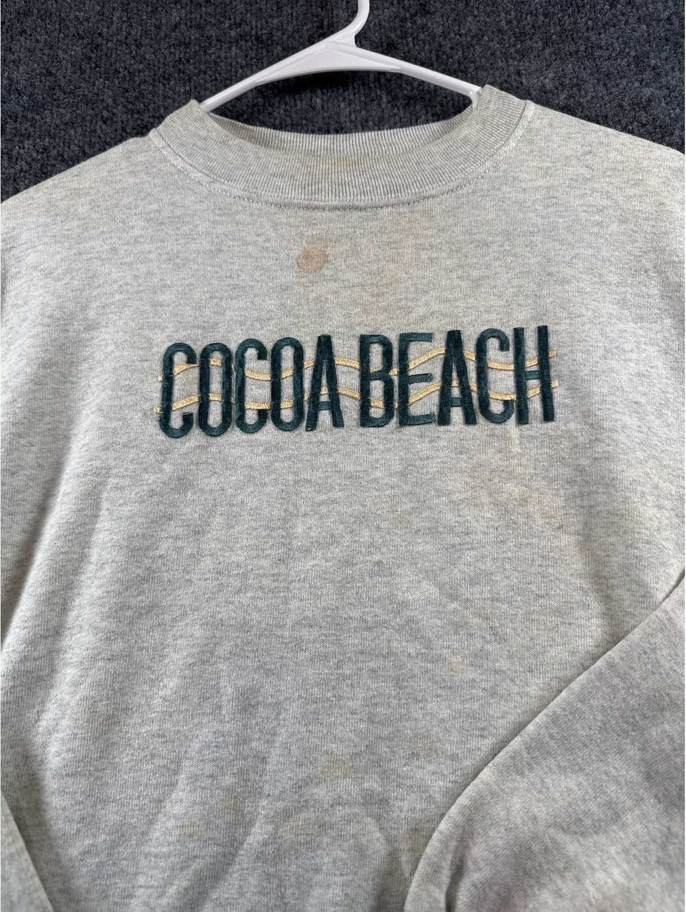 Cocoa Beach Sweatshirt Adult Unisex Gray Crewneck Embroidered Stained Worn